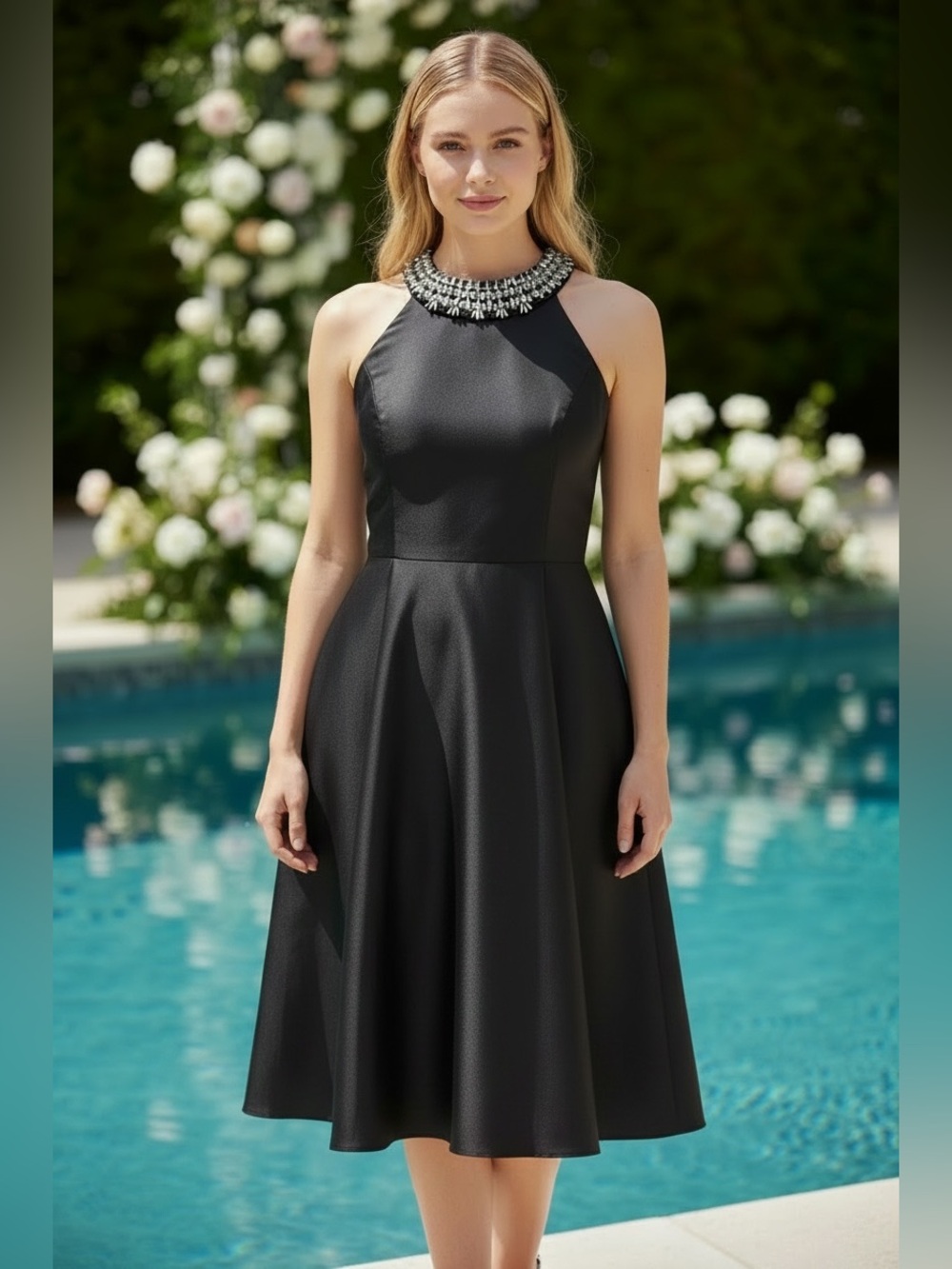 Adrianna Papell 8 Beaded Mikado Midi Dress Black Crystal Jeweled Collar Halter